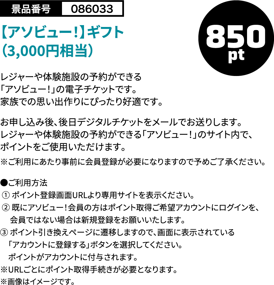 【アソビュー！】チケット（3,000円相当） 850pt