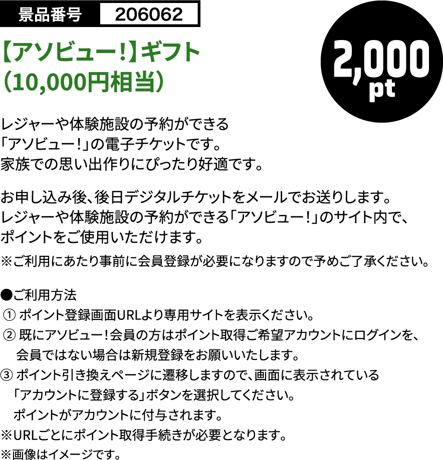 【アソビュー！】チケット（10,000円相当） 2,000pt